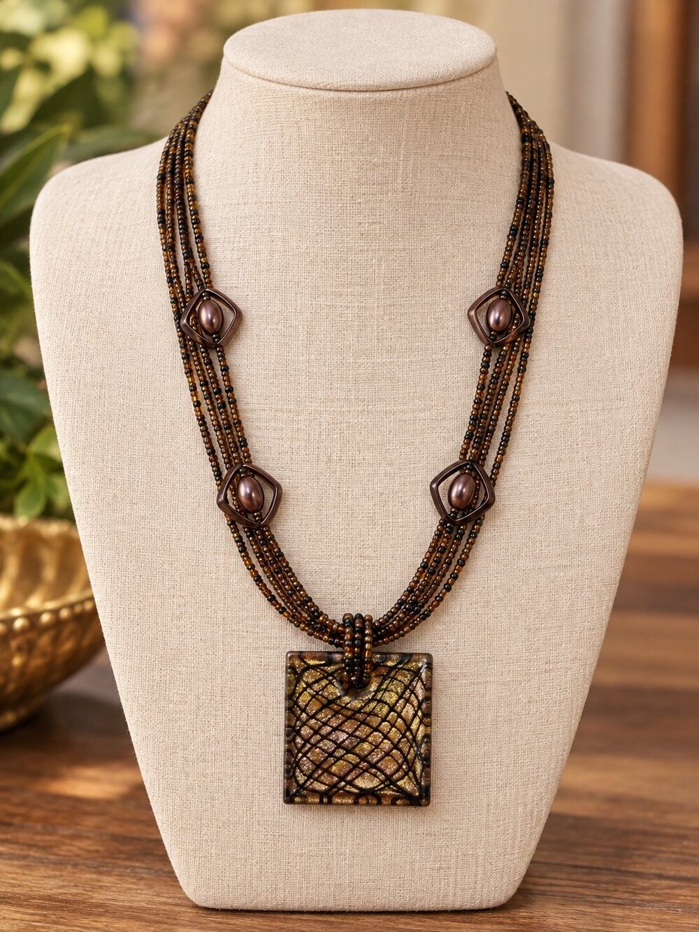 CJ Brown Multi Strand Beaded Statement Necklace Square Pendant Bronze Amber